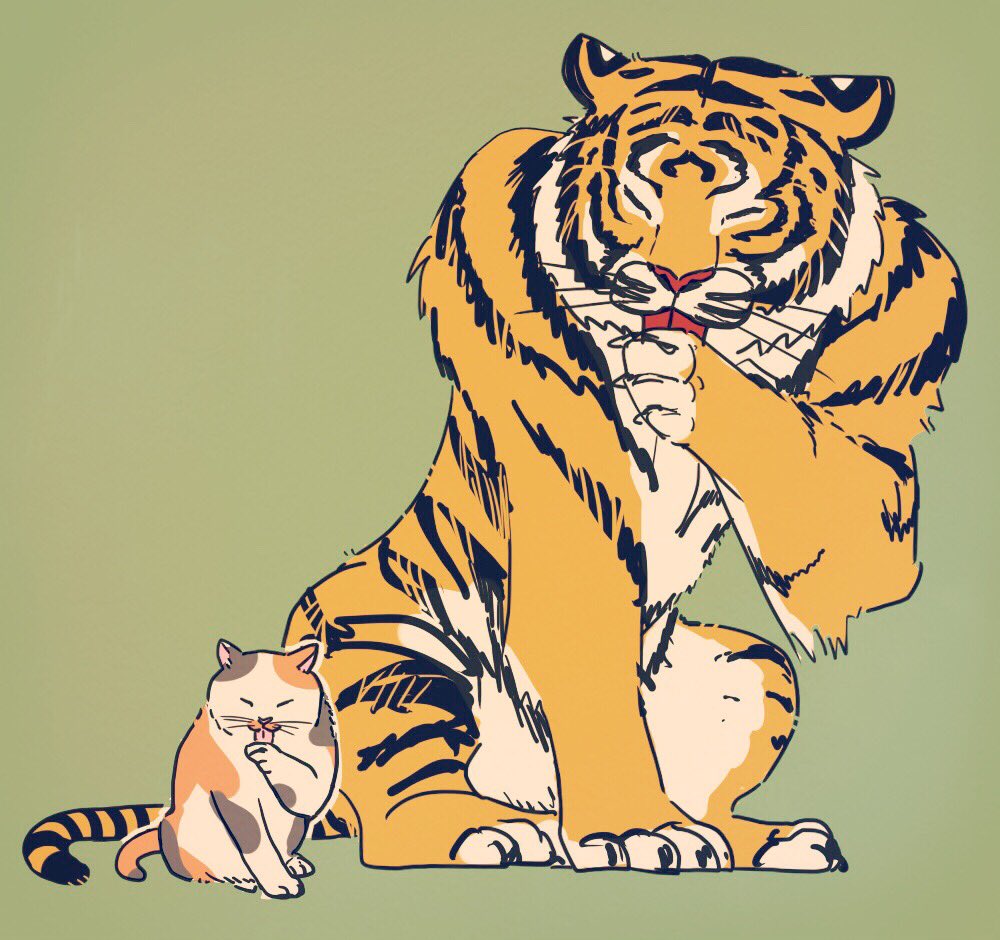小さなネコ先輩を慕う大きなトラ後輩のイラストがほっこり可愛い