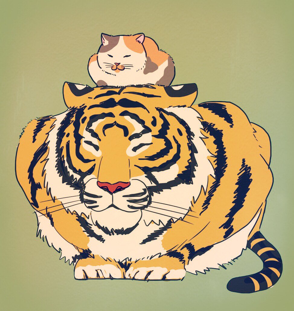 小さなネコ先輩を慕う大きなトラ後輩のイラストがほっこり可愛い