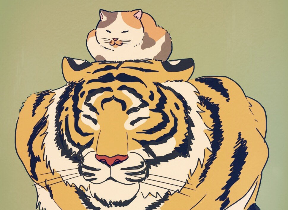 小さなネコ先輩を慕う大きなトラ後輩のイラストがほっこり可愛い！